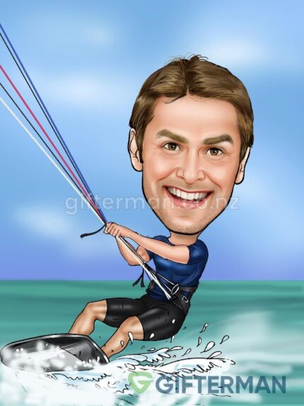 Kite Surfer Caricature From Your Photos, Custom Hobbies Caricatures