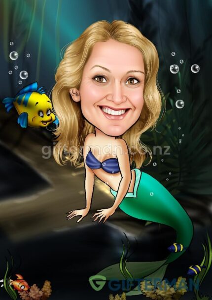 Ariel Little Mermaid Caricature From Your Photos, Custom Birthday Caricatures