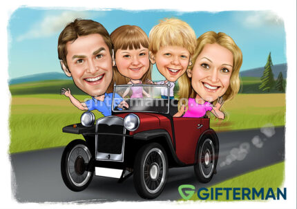 Vintage Car Family Caricature From Your Photos, Custom Car & Bike Caricatures