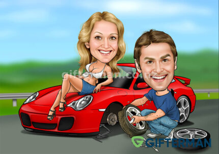 Tyre Change Couple Caricature From Your Photos, Custom Car & Bike Caricatures
