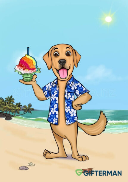 hawaiian beach dog caricature 430x609